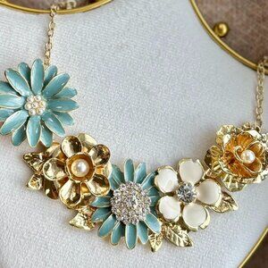 Retro Floral Statement Necklace – Gray & Yellow Enamel, Crystals & Pearl Accents